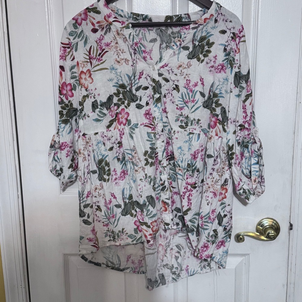 Saint Tropez West Floral Linen Blend Babydoll Top 1X Pink White Roll Tab Sleeve‎ - Picture 9 of 14